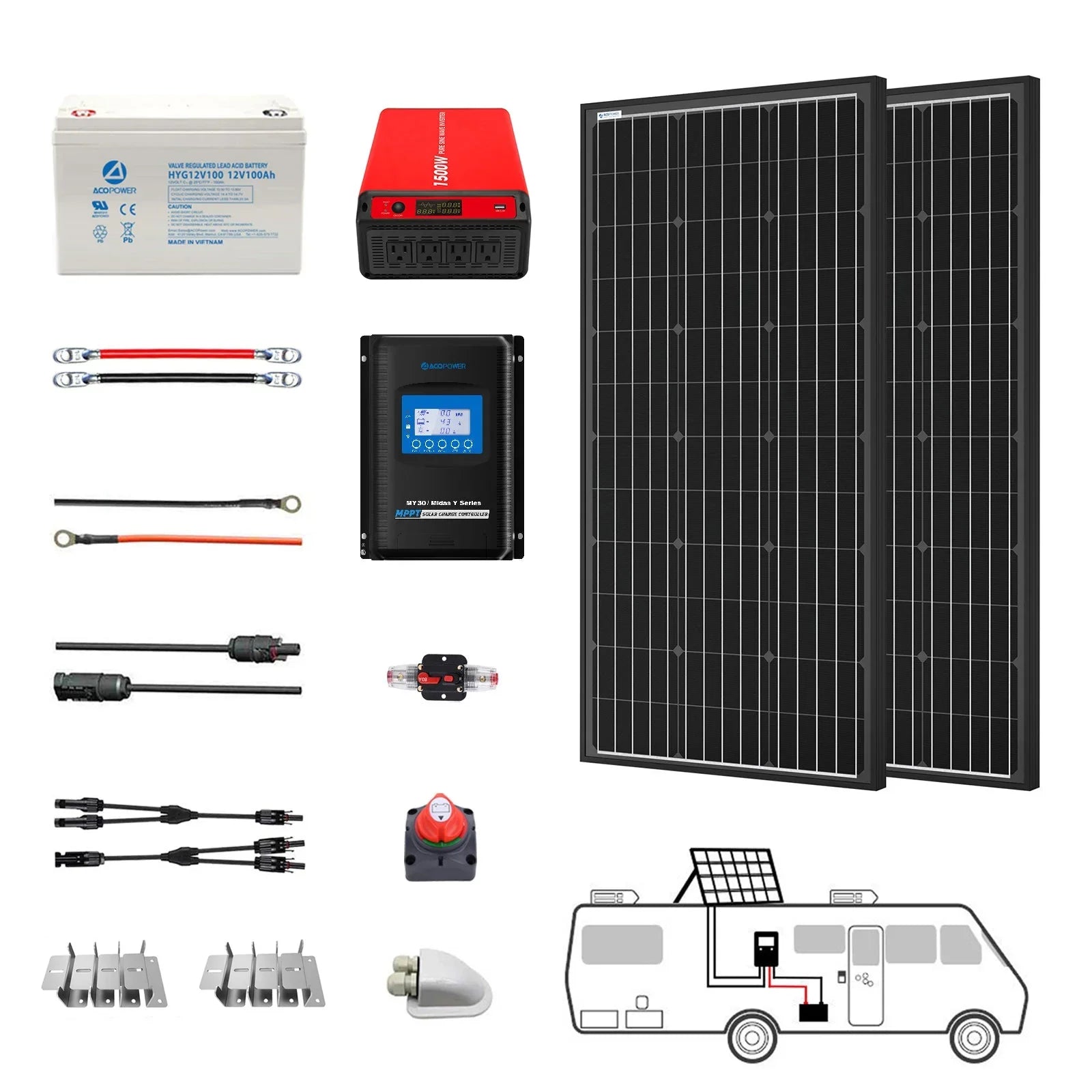 ACOPOWER Deep Cycle GEL Battery Mono Solar Power Complete System with Battery and Inverter for RV Boat 12V Off Grid Kit - Green Vista Living