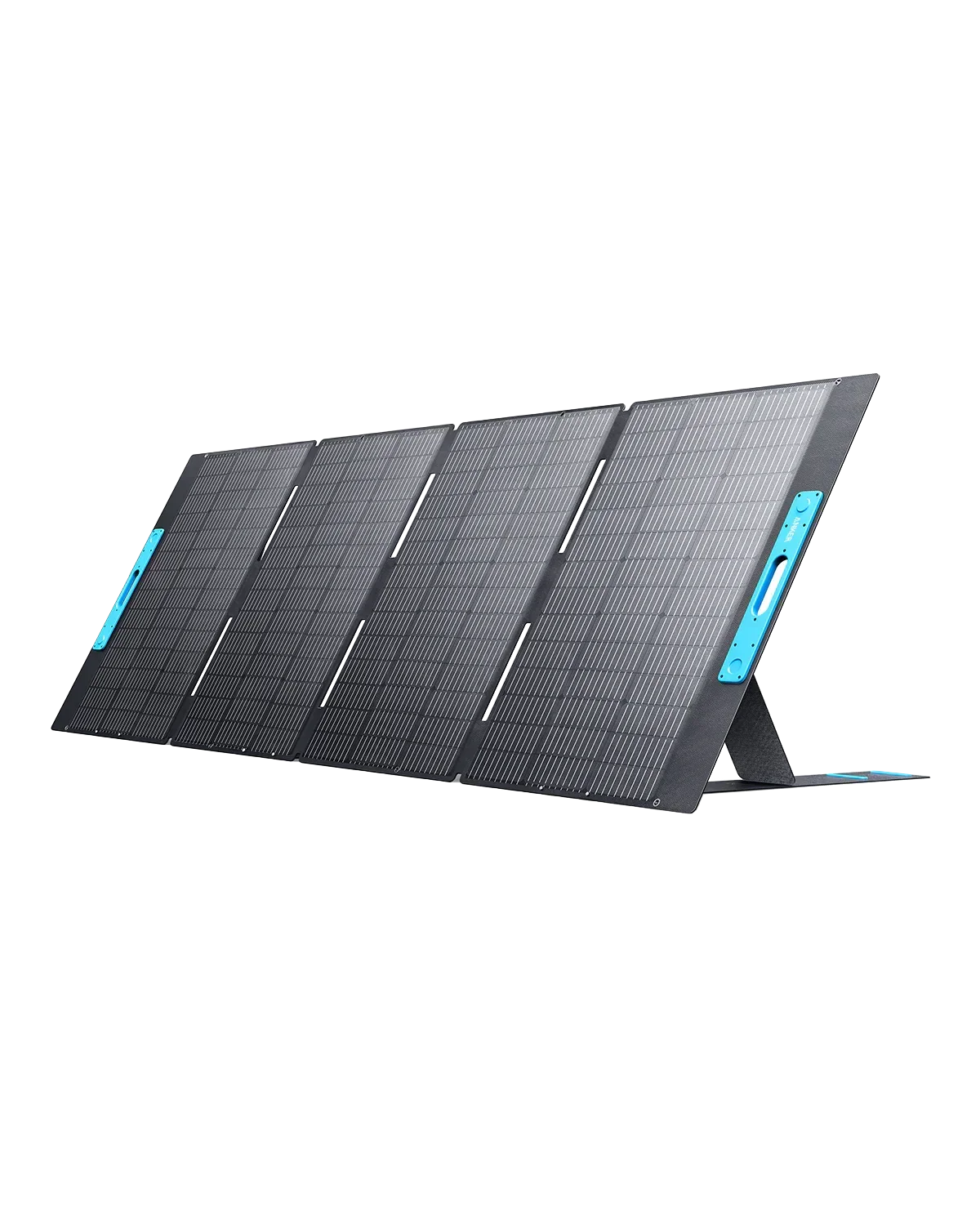 EcoFlow portable folding solar panel with black cells and blue accents on white background