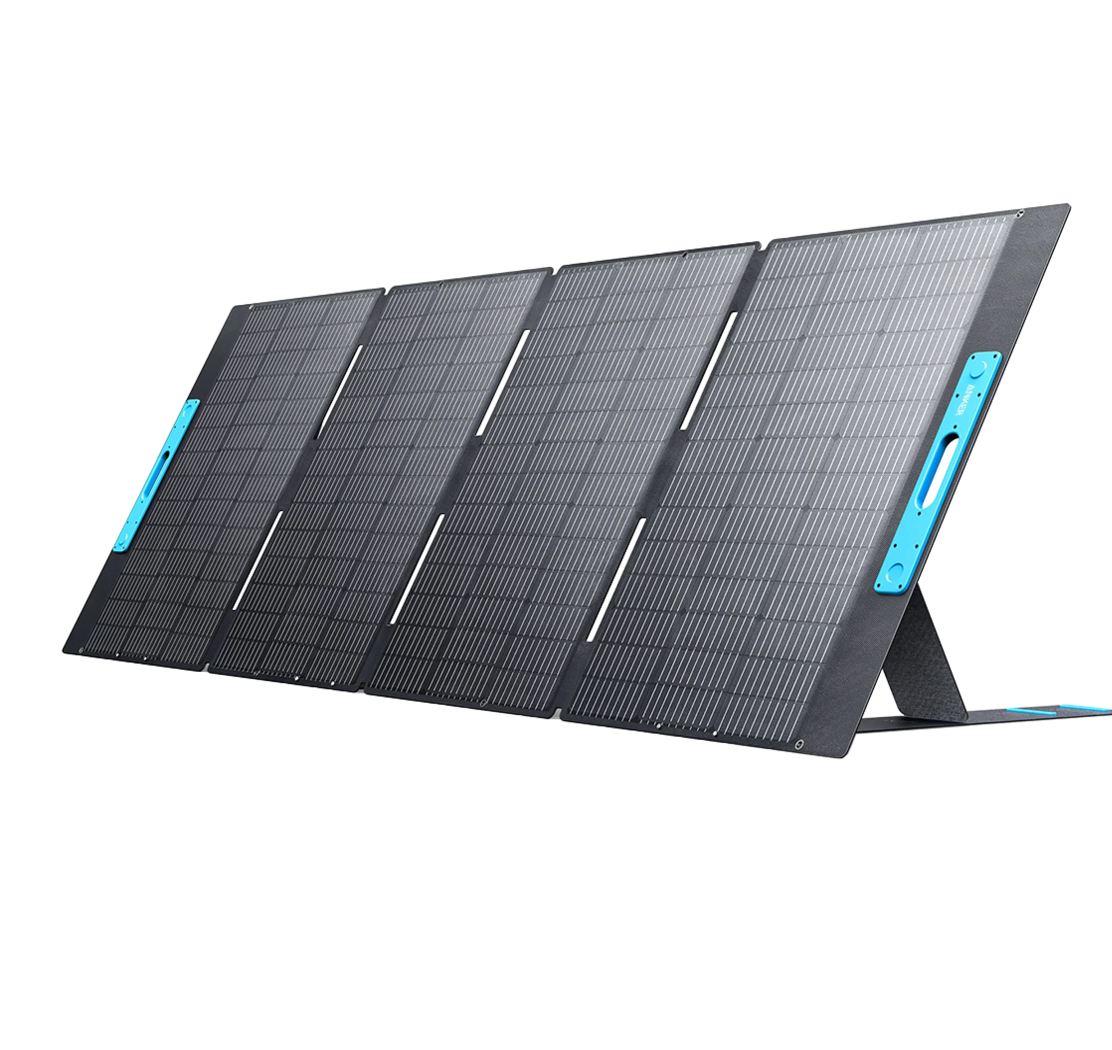 EcoFlow portable foldable solar panel with four black photovoltaic cells and blue handles