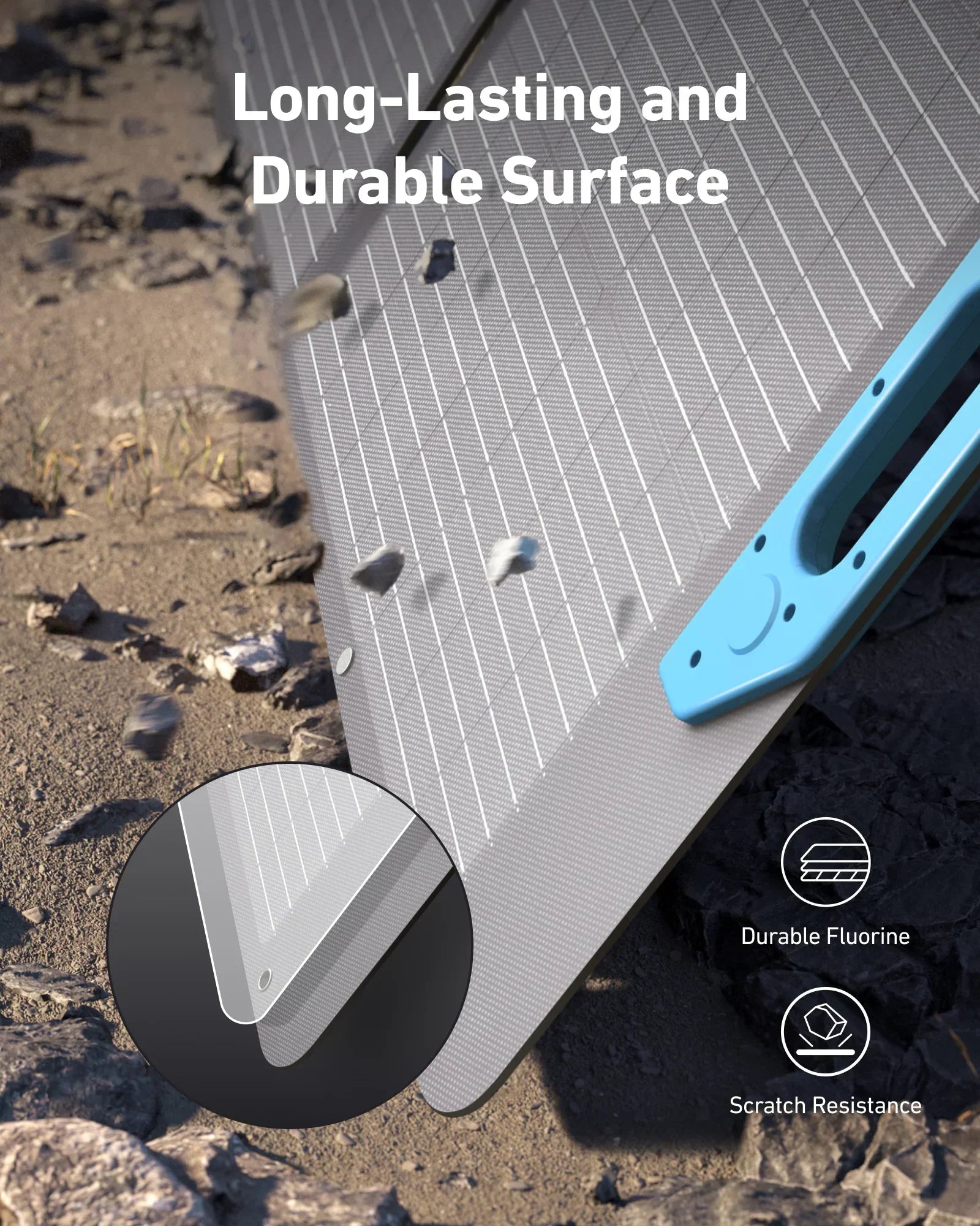 Portable solar panel with durable, scratch-resistant fluorine surface shown outdoors