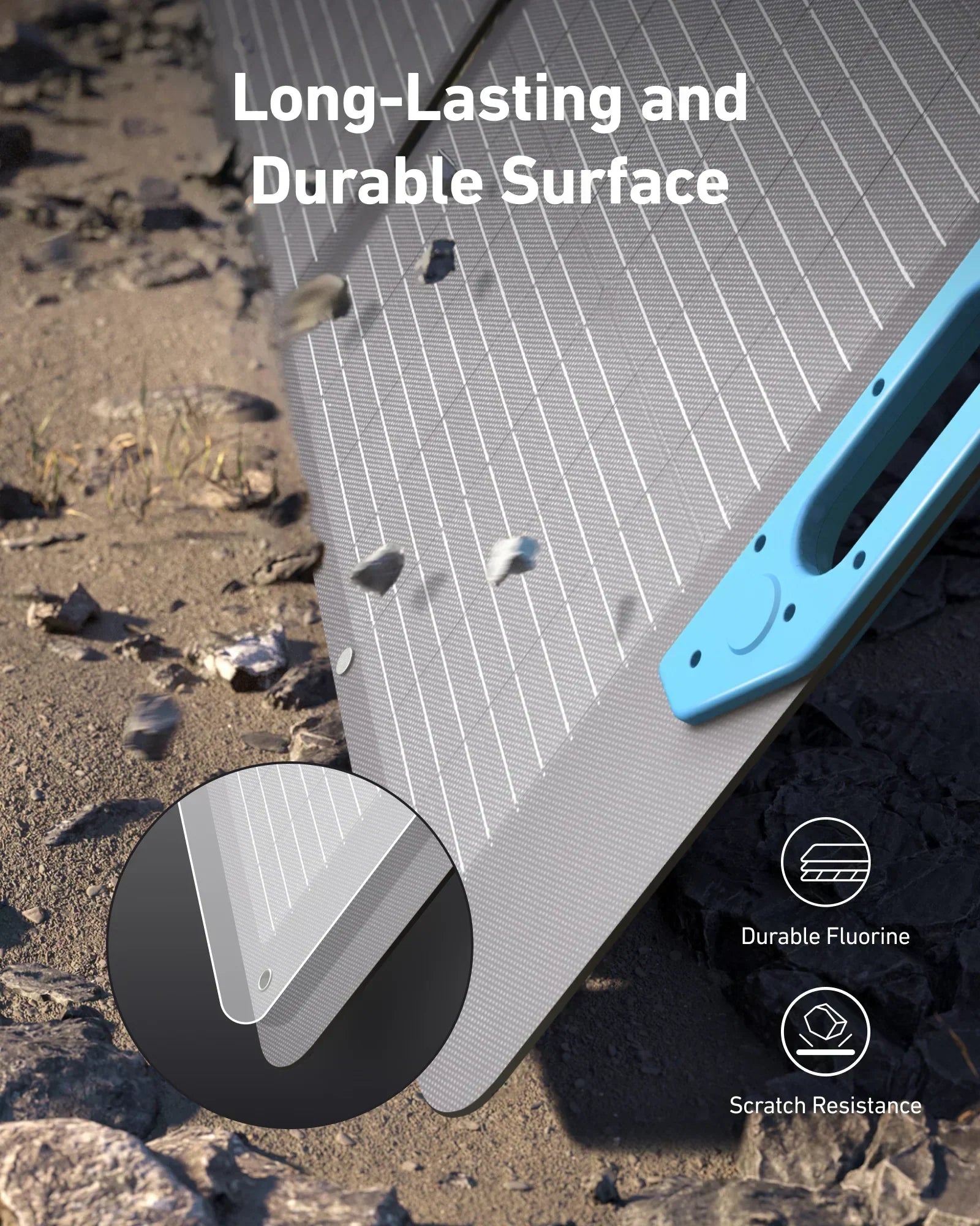 Portable solar panel with durable, scratch-resistant fluorine surface shown outdoors