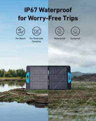 Portable solar panel by a riverbank, featuring IP67 waterproof and dustproof design for camping