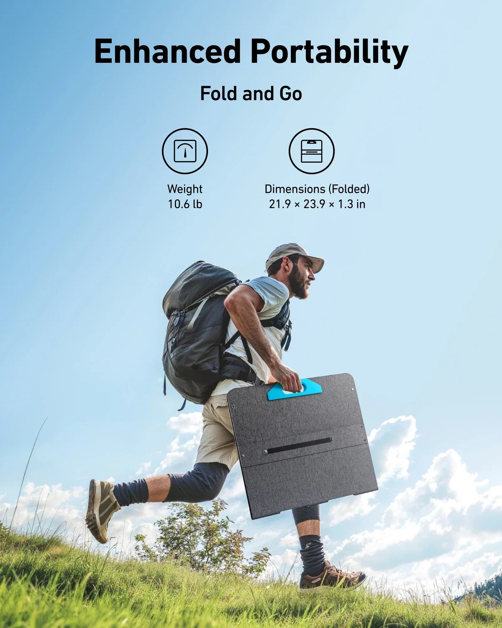 Man hiking outdoors carrying portable foldable solar panel with blue handle, clear sky background
