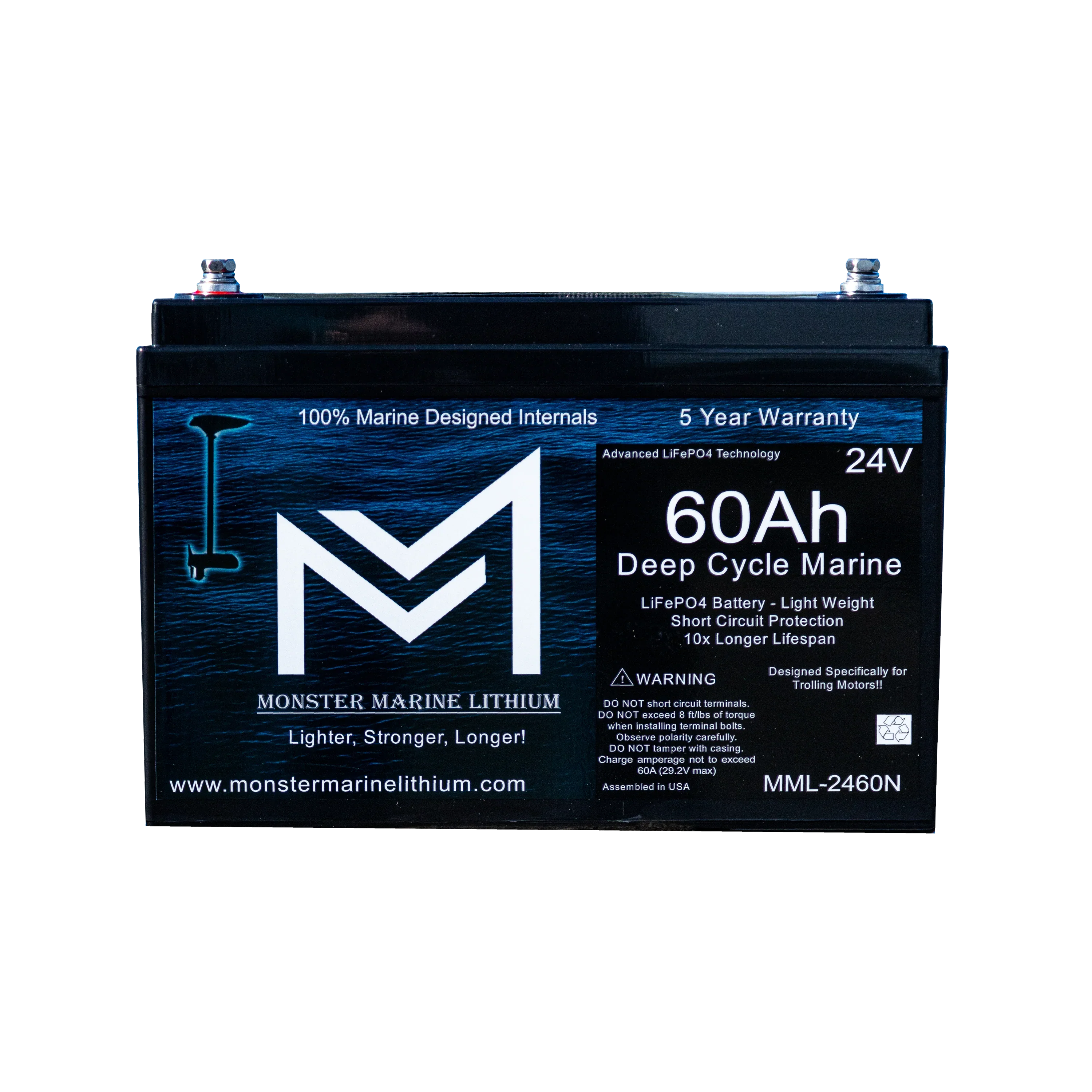 Monster Marine Lithium 24V 60Ah deep cycle marine LiFePO4 battery with blue label