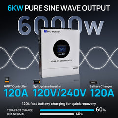 6KW Solar Off-grid Split-phase AIO Inverter, 48Vdc to 120Vac/240Vac, 9kW@500V PV Input Eco-Worthy