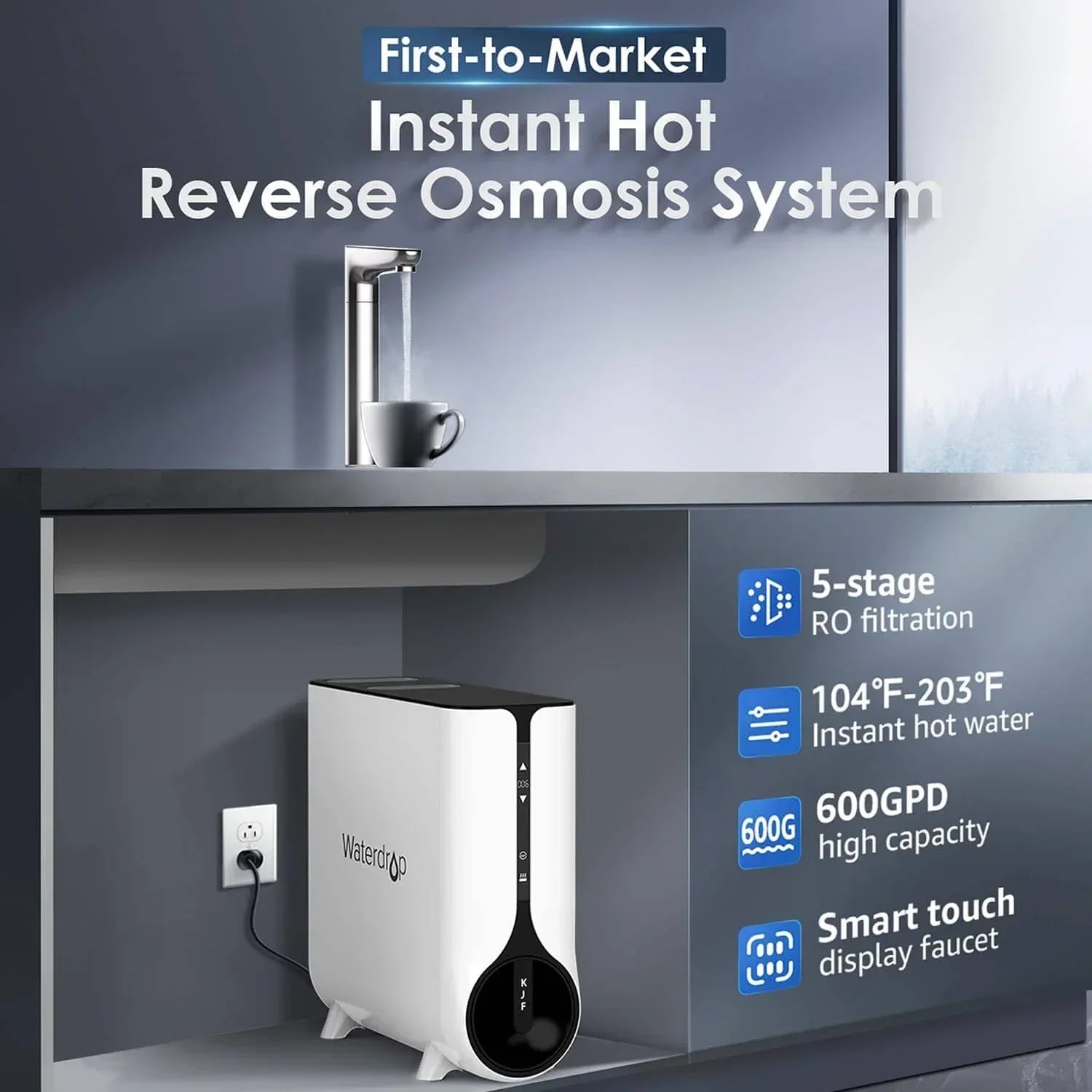 Waterdrop instant hot reverse osmosis system under sink with smart touch faucet and cup