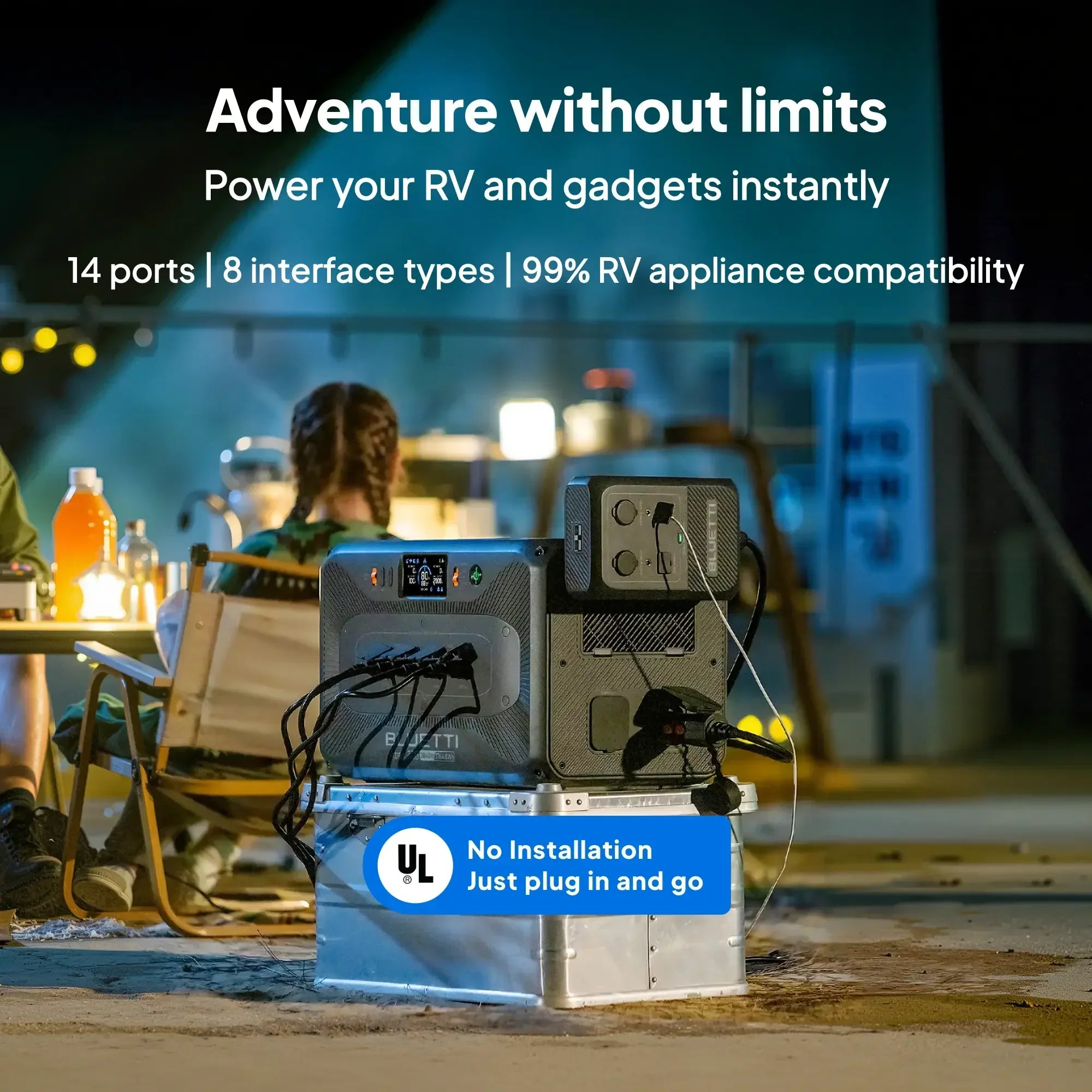BLUETTI portable power station powering RV and devices outdoors at night, 14 ports visible