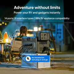 BLUETTI portable power station powering RV and devices outdoors at night, 14 ports visible