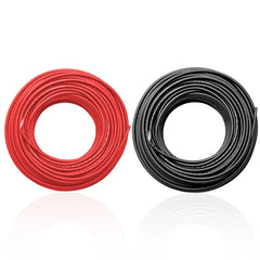 Red and black rolls of power cable for solar panels and batteries
