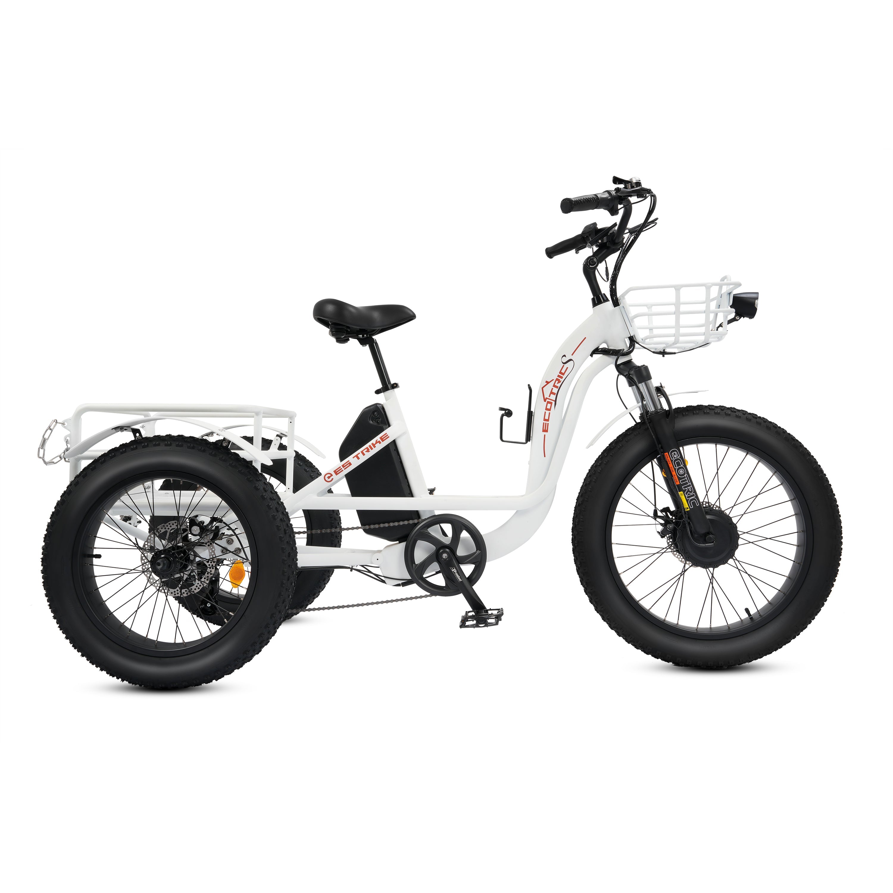 Ecotric 48V 24"x4.0 Front 20"x4.0 Rear Tires Tricycle electric bike with Front Basket + Rear Rack White - Green Vista Living