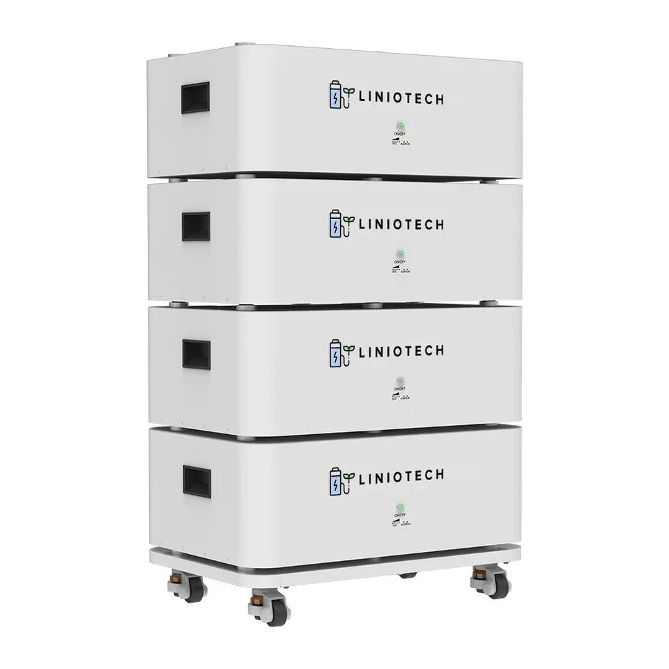 LINIOTECH stackable battery storage units on wheels, white modular energy system