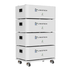 LINIOTECH stackable battery storage units on wheels, white modular energy system