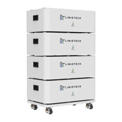 LINIOTECH stackable battery storage units on wheels, white modular energy system