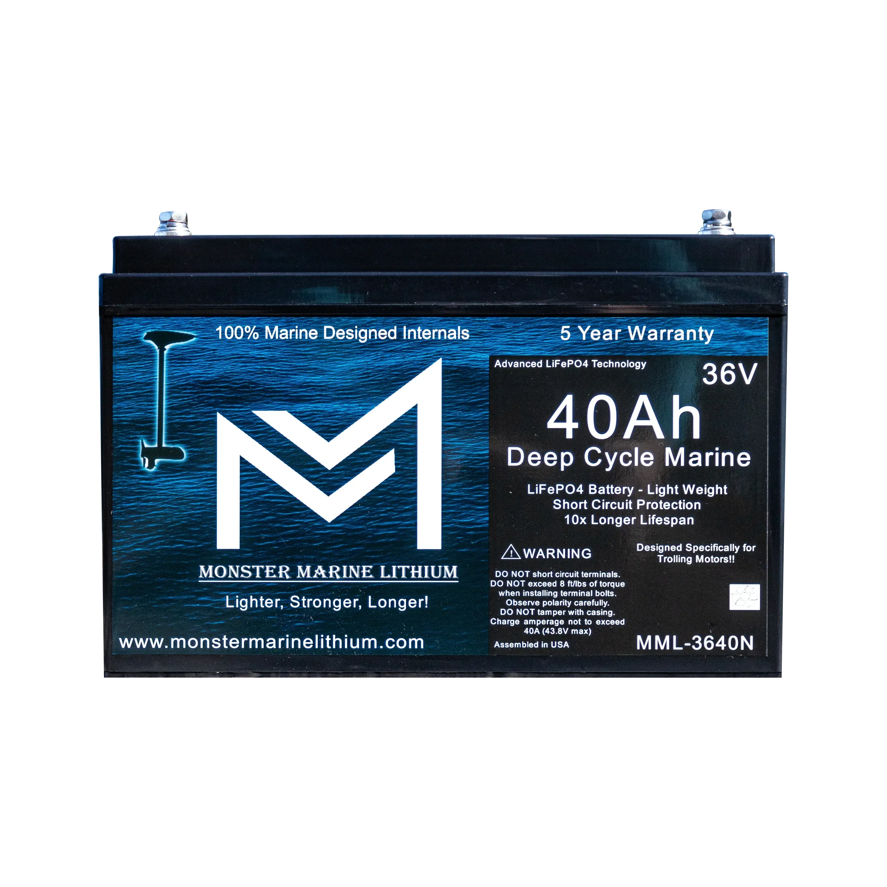 Monster Marine Lithium 36V 40Ah deep cycle marine battery with LiFePO4 technology, black rectangular case, front label visible.