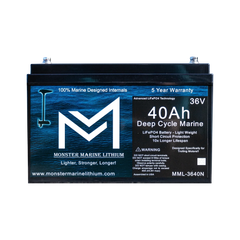 Monster Marine Lithium 36V 40Ah deep cycle marine battery with LiFePO4 technology, black rectangular case, front label visible.