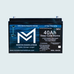 Monster Marine Lithium 36V 40Ah deep cycle marine battery with blue water-themed label