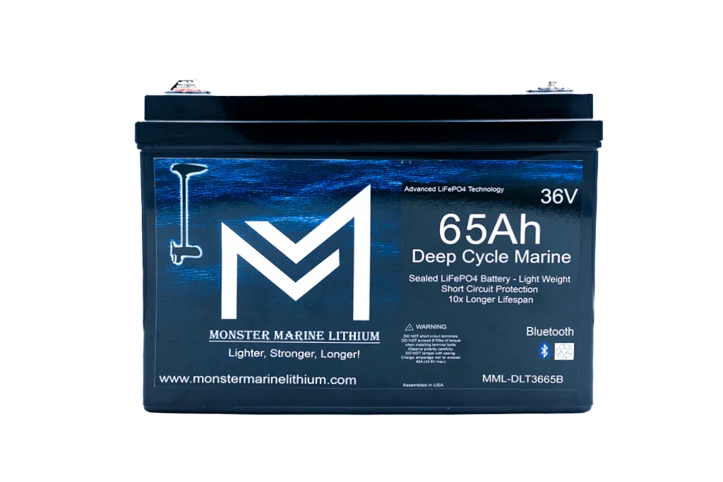 Monster Marine Lithium 65Ah 36V Deep Cycle Marine LiFePO4 battery with Bluetooth, front label view