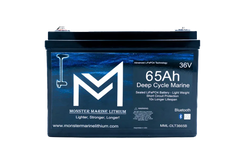 Monster Marine Lithium 65Ah 36V Deep Cycle Marine LiFePO4 battery with Bluetooth, front label view