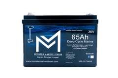 Monster Marine Lithium 65Ah 36V Deep Cycle Marine LiFePO4 battery with Bluetooth, front label view