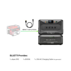 BLUETTI Apex 300 inverter and B300K battery with generator and charging cable