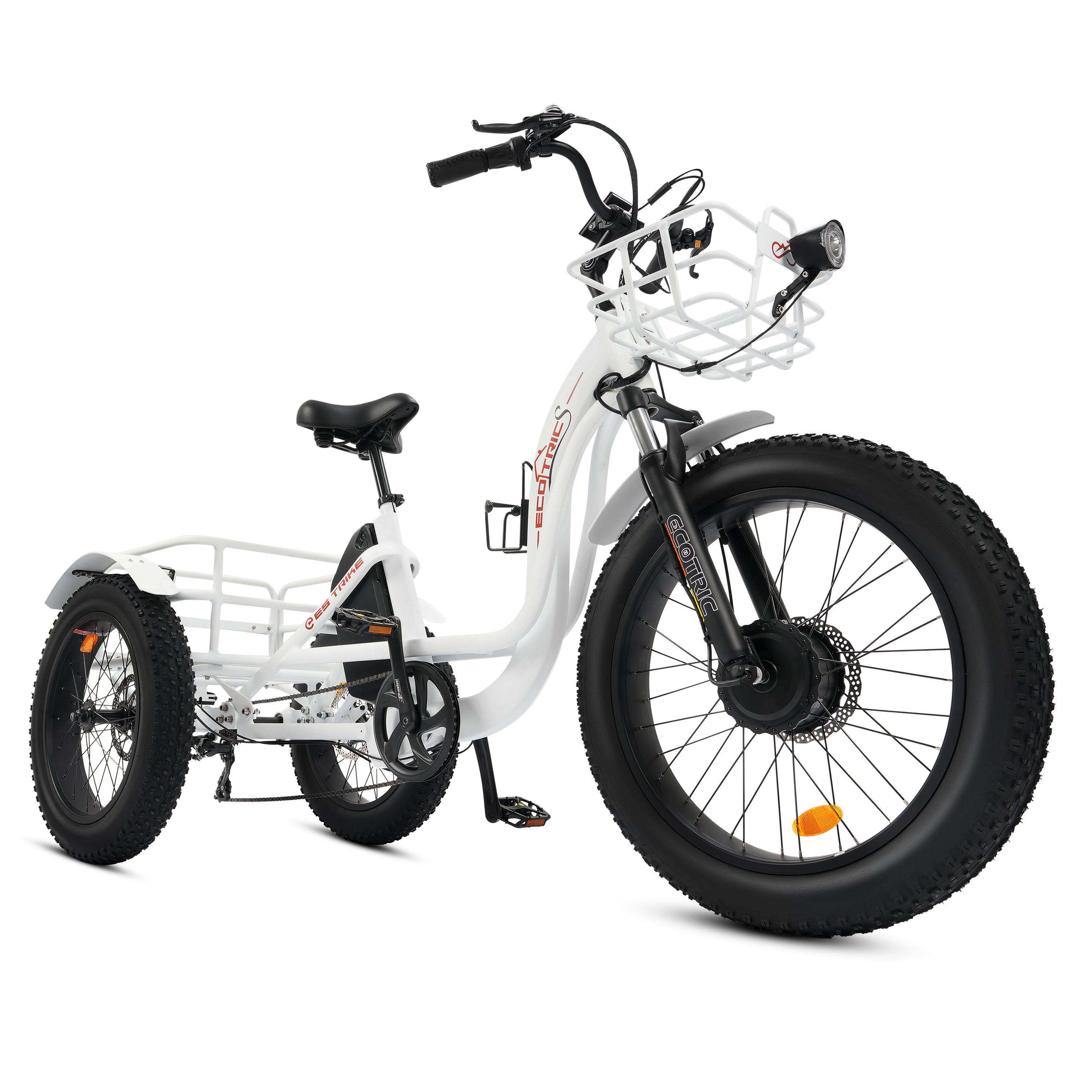 Ecotric 48V 24"x4.0 Front 20"x4.0 Rear Tires Tricycle electric bike with Front Basket + Rear Rack White - Green Vista Living