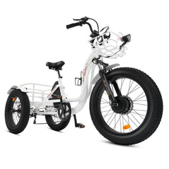 Ecotric 48V 24"x4.0 Front 20"x4.0 Rear Tires Tricycle electric bike with Front Basket + Rear Rack White - Green Vista Living