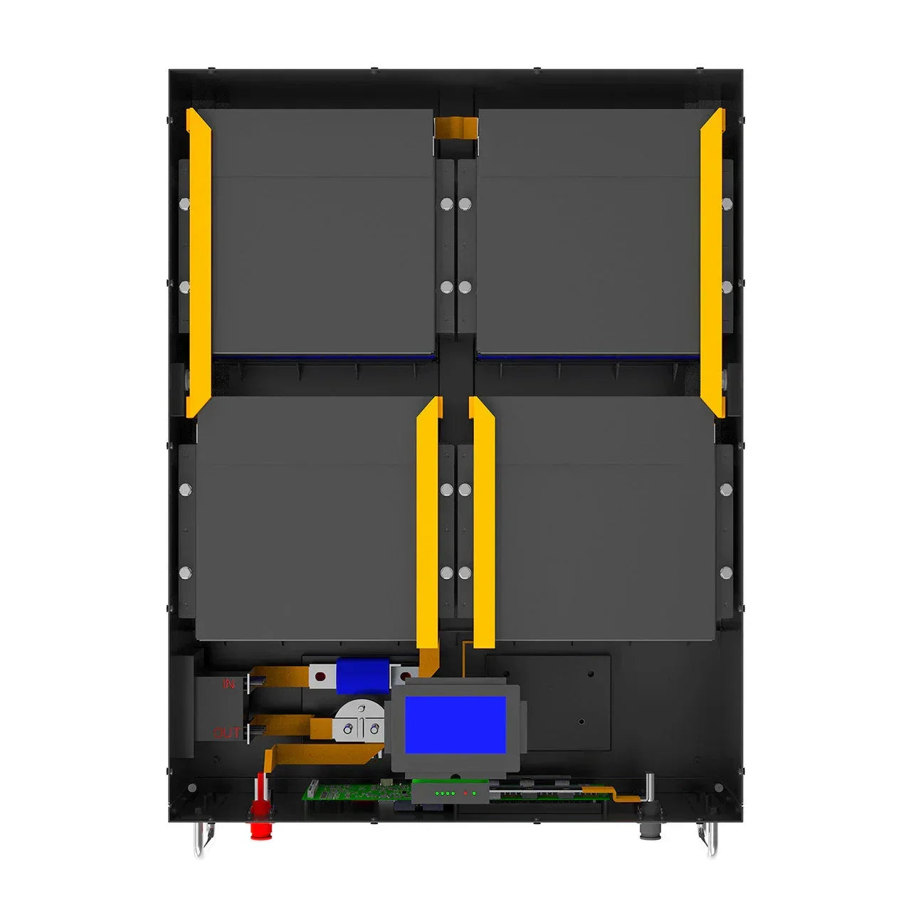 Battery pack with black and yellow panels, visible wiring, and digital display front view