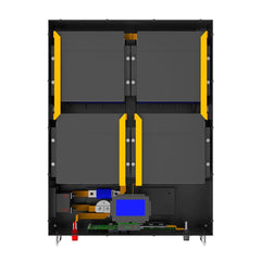 Battery pack with black and yellow panels, visible wiring, and digital display front view