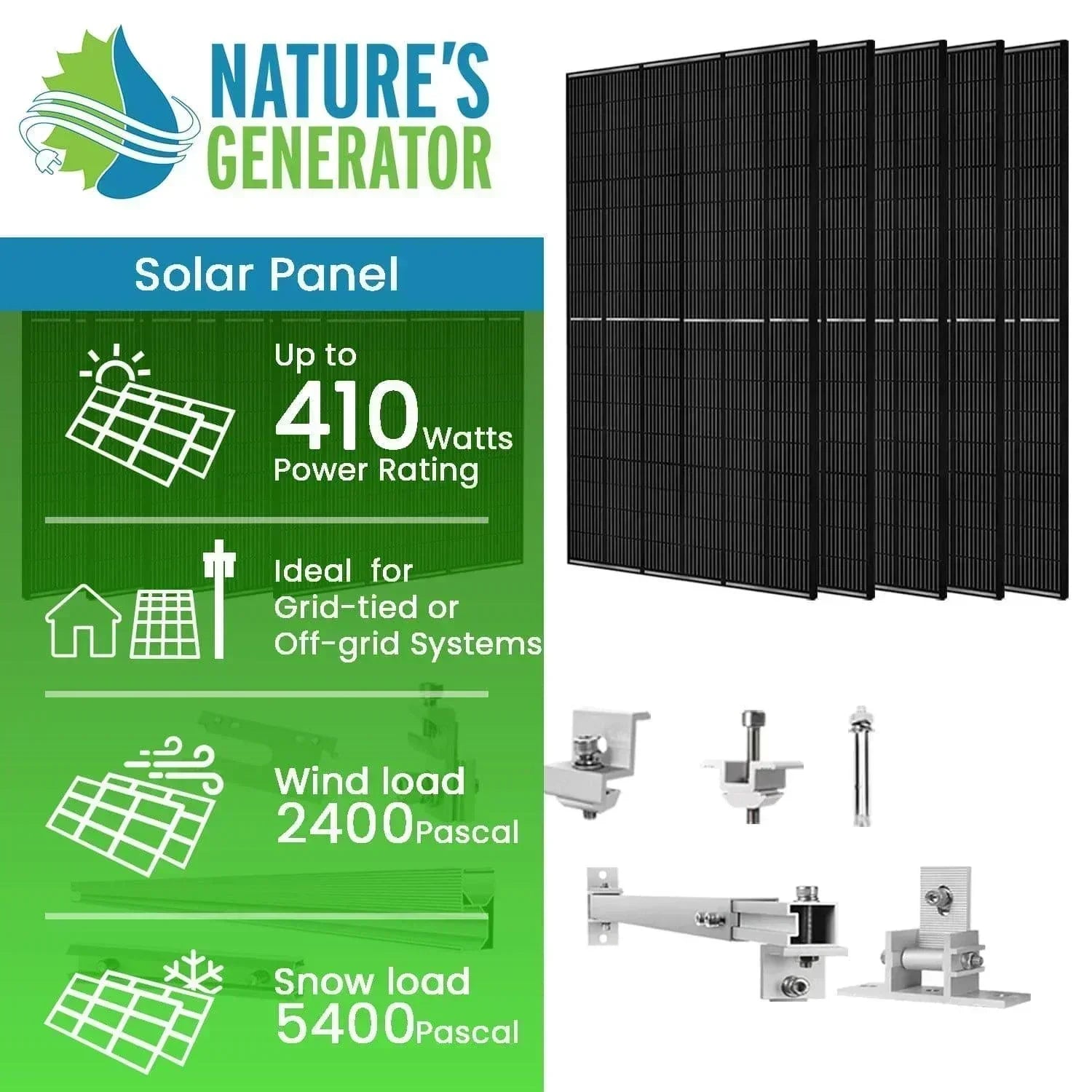 Nature's Generator 410 Watt Monocrystalline Solar Panel (10 Pack) With Solar Panel Mount Rack - Green Vista Living