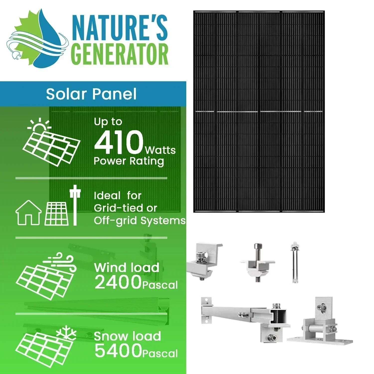 Nature's Generator 410 Watt Monocrystalline Solar Panel (2 Pack) With Solar Panel Mount Rack - Green Vista Living