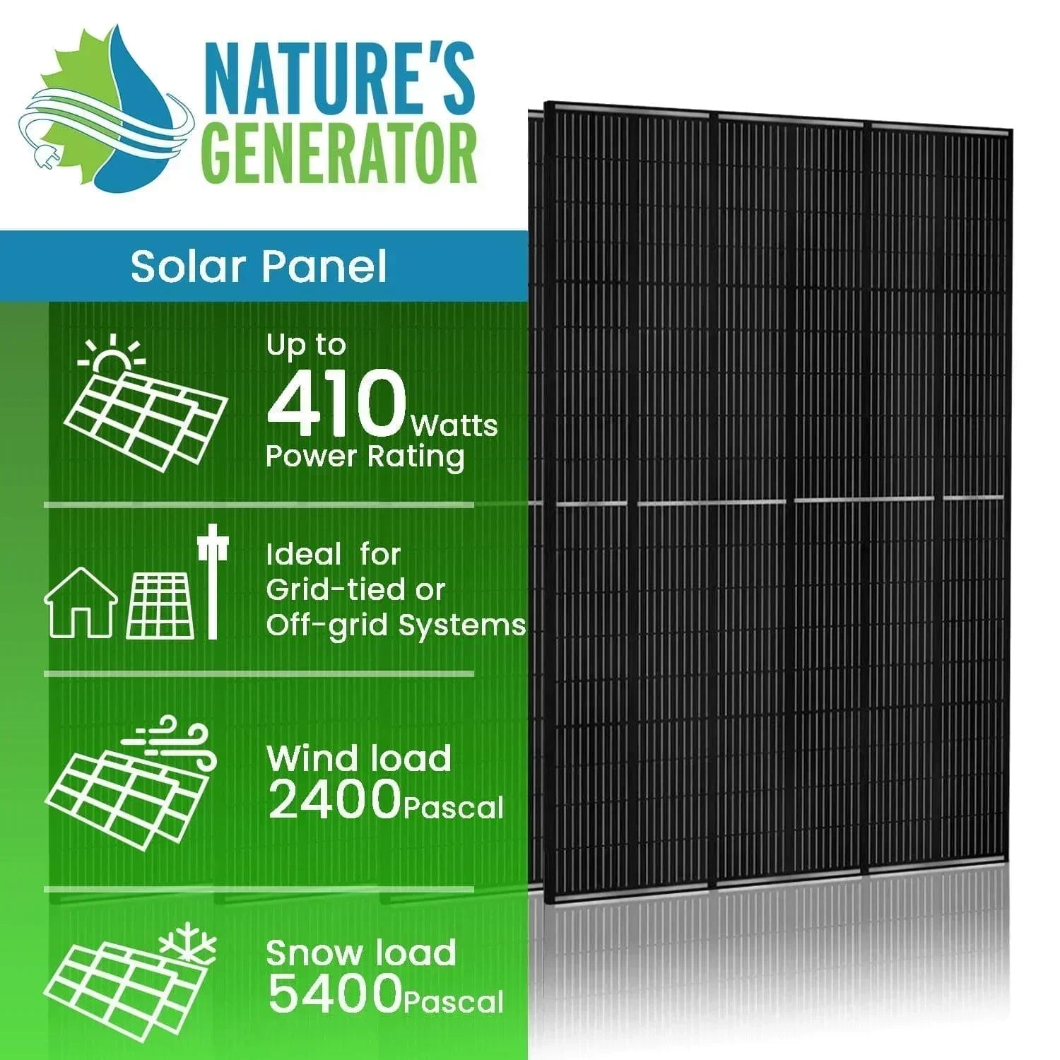 Nature's Generator 410 Watt Monocrystalline Solar Panel (4 Pack) - Green Vista Living