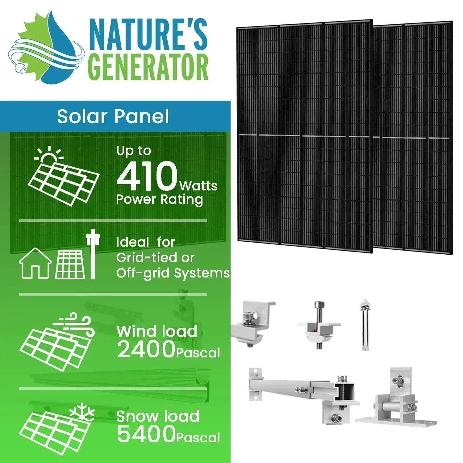 Nature's Generator 410 Watt Monocrystalline Solar Panel (4 Pack) With Solar Panel Mount Rack - Green Vista Living