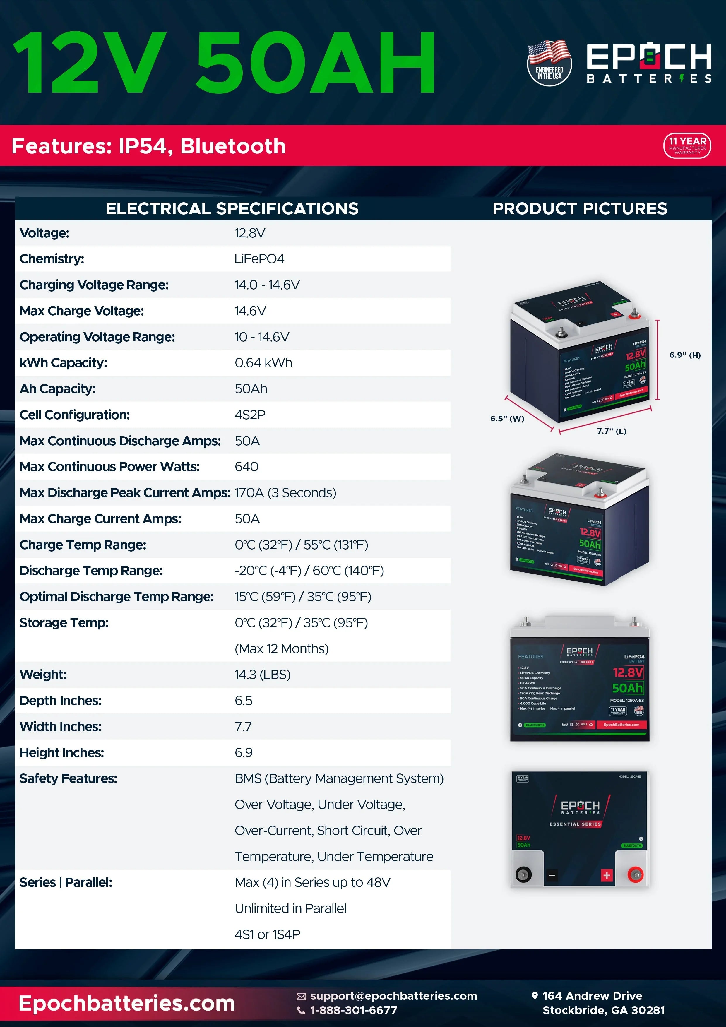 Epoch Batteries 12V 50Ah (0.64kWh) Essential Series - Bluetooth LiFePO4 Battery - Green Vista Living