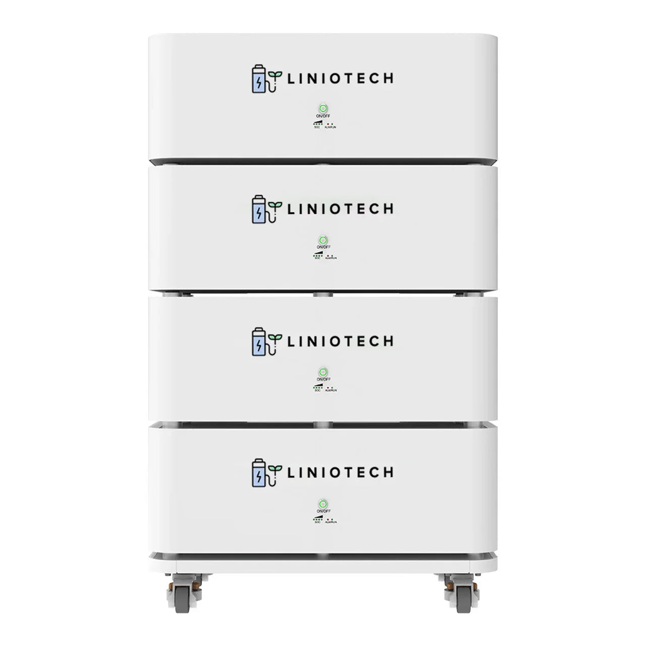 Liniotech white modular battery storage unit with wheels and LED indicators