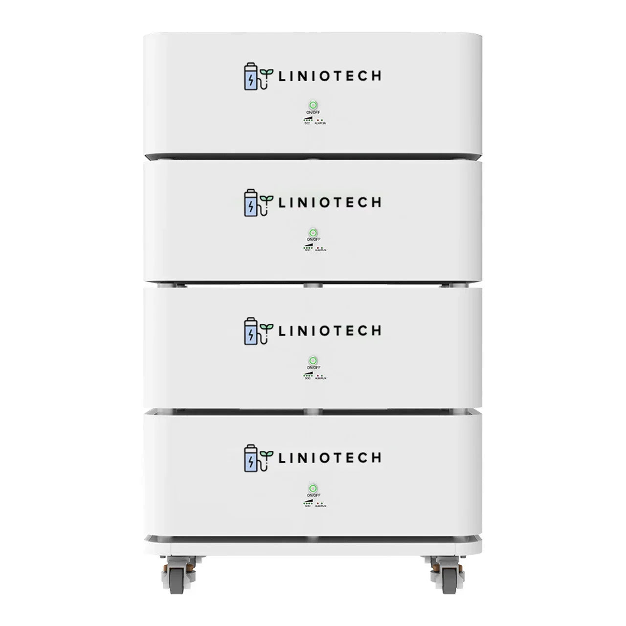 Liniotech white modular battery storage unit with wheels and LED indicators