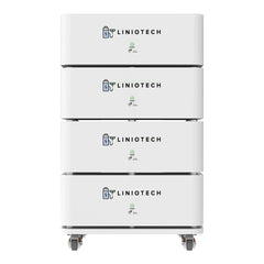 Liniotech white modular battery storage unit with wheels and LED indicators