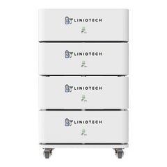 Liniotech white modular battery storage unit with wheels and LED indicators