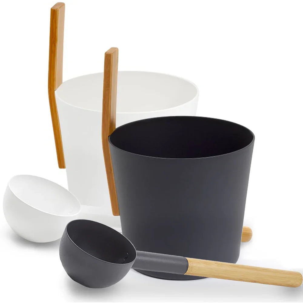KOLO Set 3 Sauna Bucket with straight handle and Ladle, Bamboo/Aluminum, 1Gal - Green Vista Living