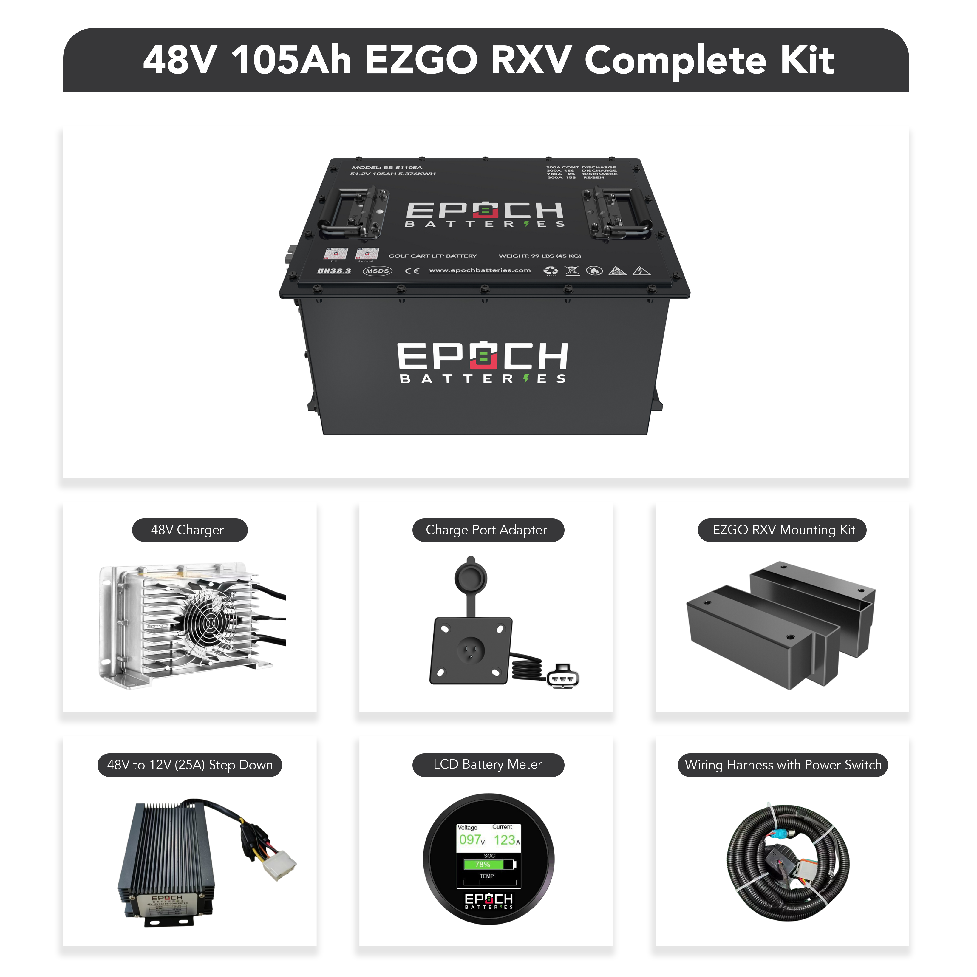 Epoch Batteries 48V 105Ah (Other) Lithium (LiFePO4) Golf Cart Battery - Complete Kit - Green Vista Living