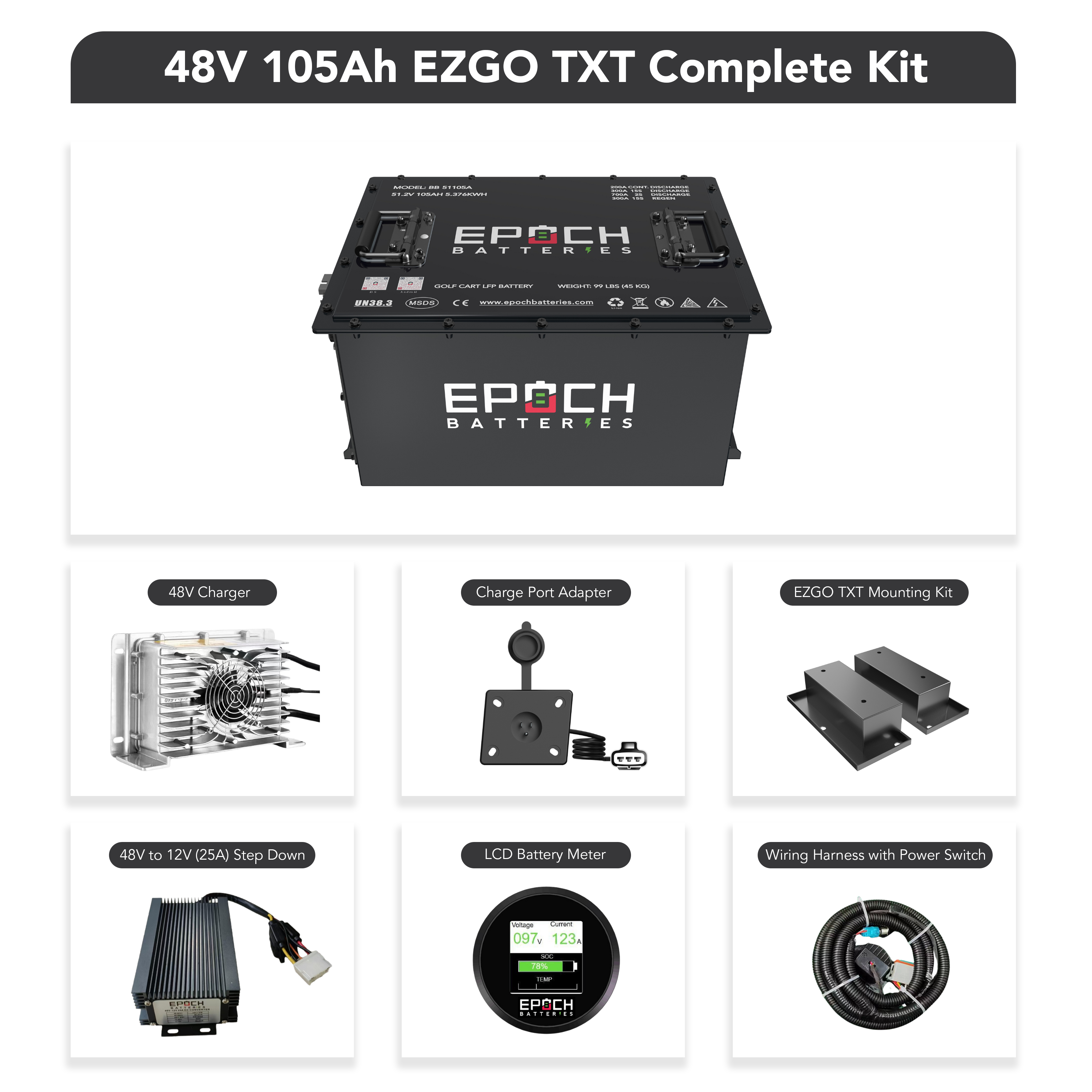 Epoch Batteries 48V 105Ah (Other) Lithium (LiFePO4) Golf Cart Battery - Complete Kit - Green Vista Living