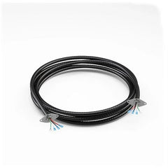Black flexible cable with metal mounting plates and four exposed colored wires at each end