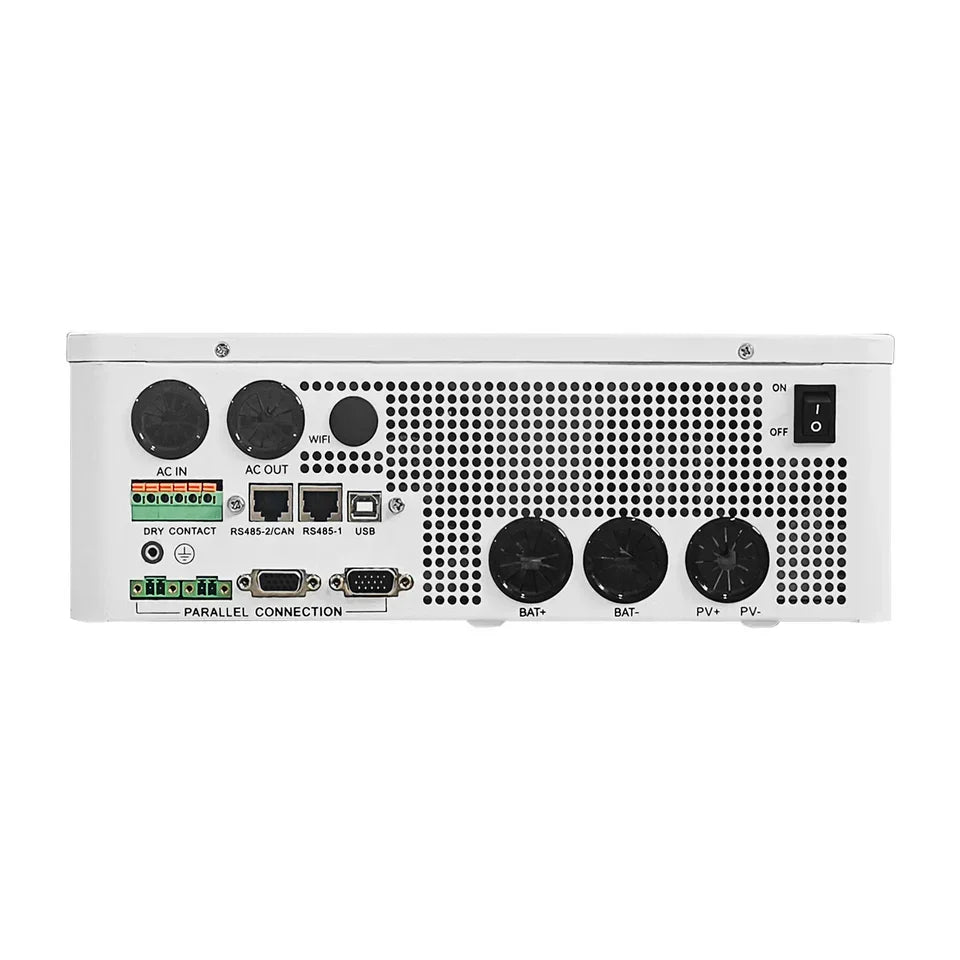 Inverter rear panel with AC input, AC output, USB ports, WiFi, battery and PV connections