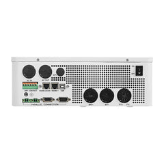 Inverter rear panel with AC input, AC output, USB, RS485, battery and solar ports, power switch