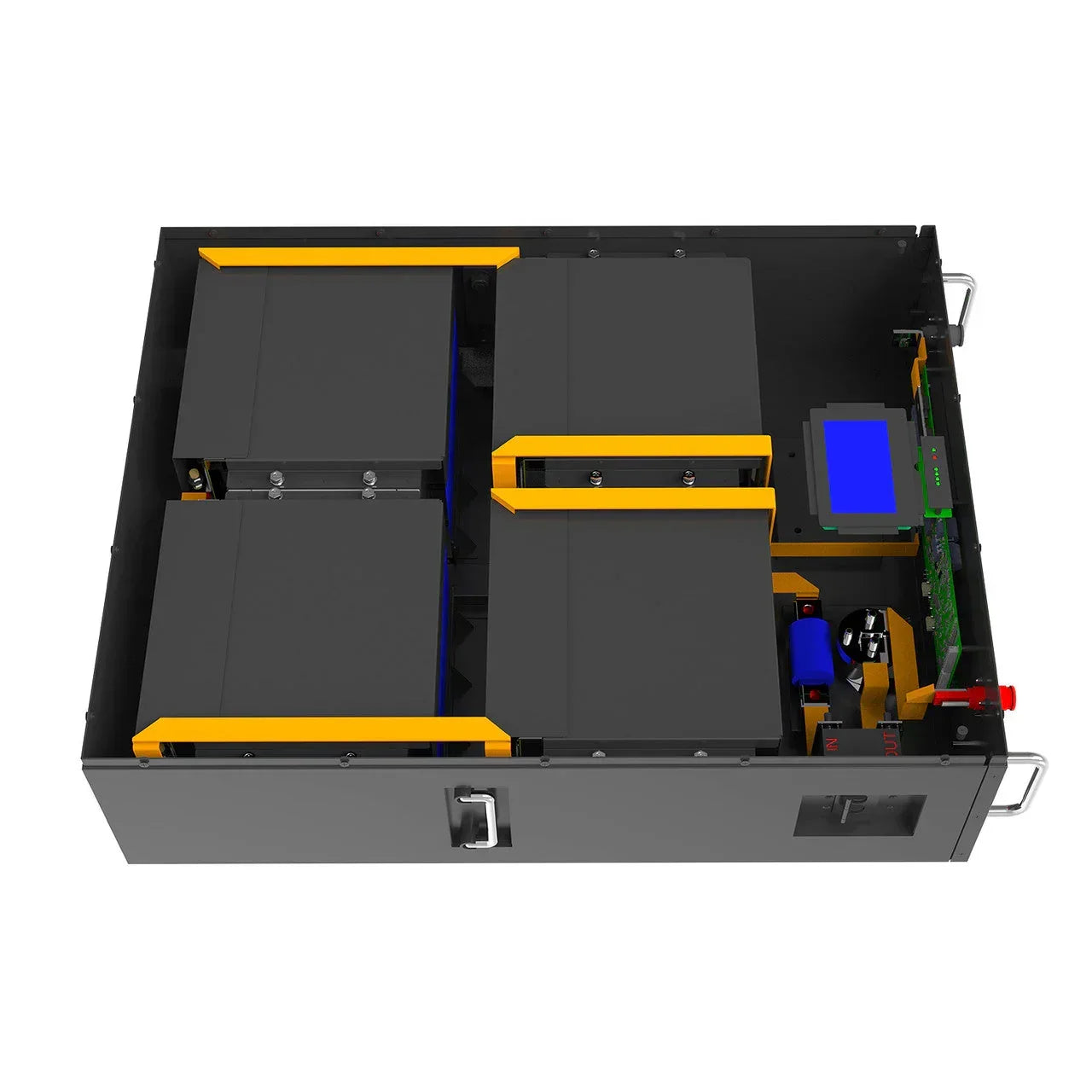 Lithium battery pack with exposed circuit and cells, top view, for solar inverters