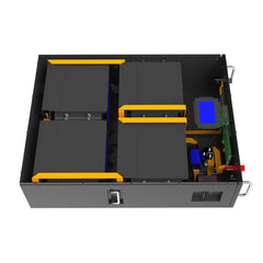 Lithium battery pack with exposed circuit and cells, top view, for solar inverters