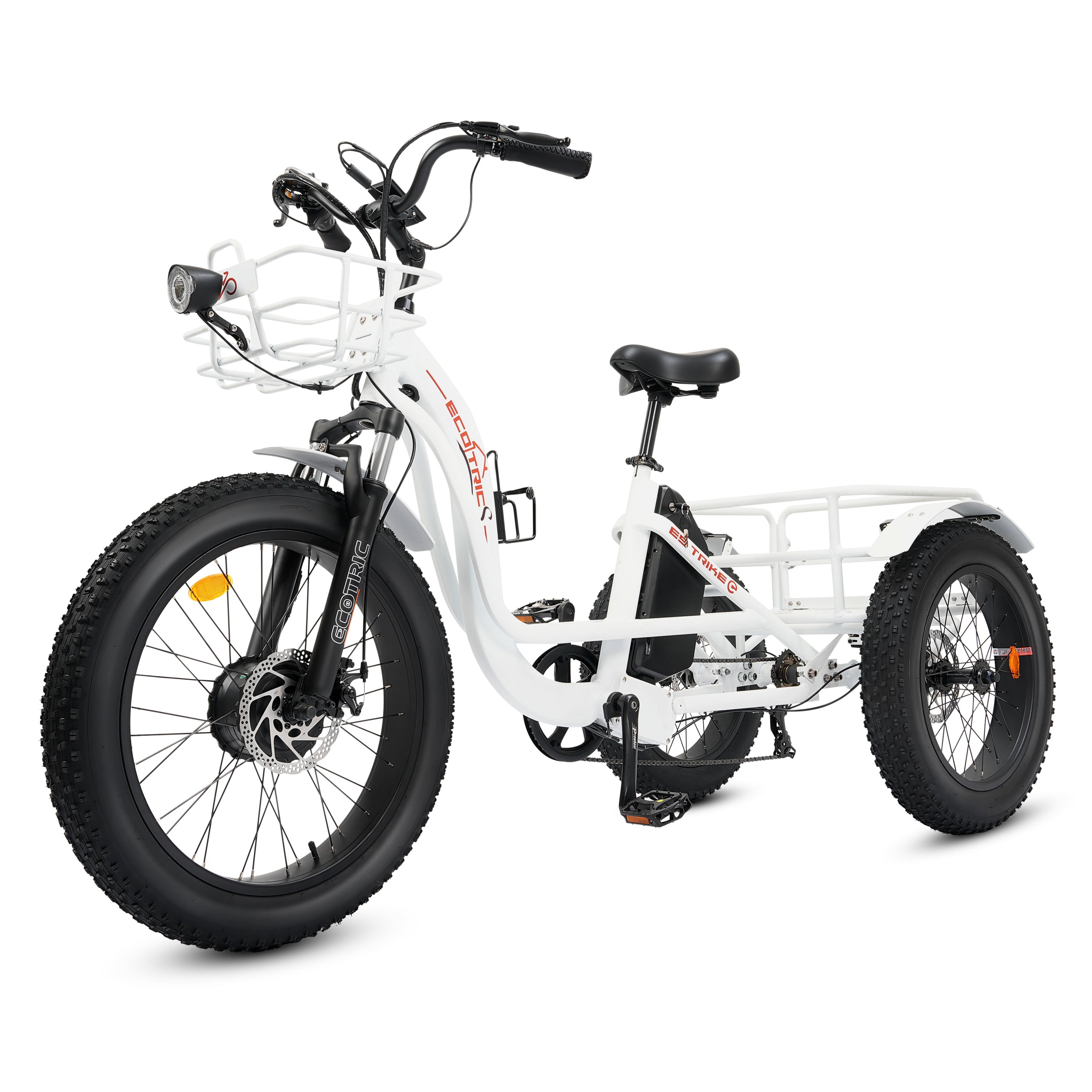 Ecotric 48V 24"x4.0 Front 20"x4.0 Rear Tires Tricycle electric bike with Front Basket + Rear Rack White - Green Vista Living