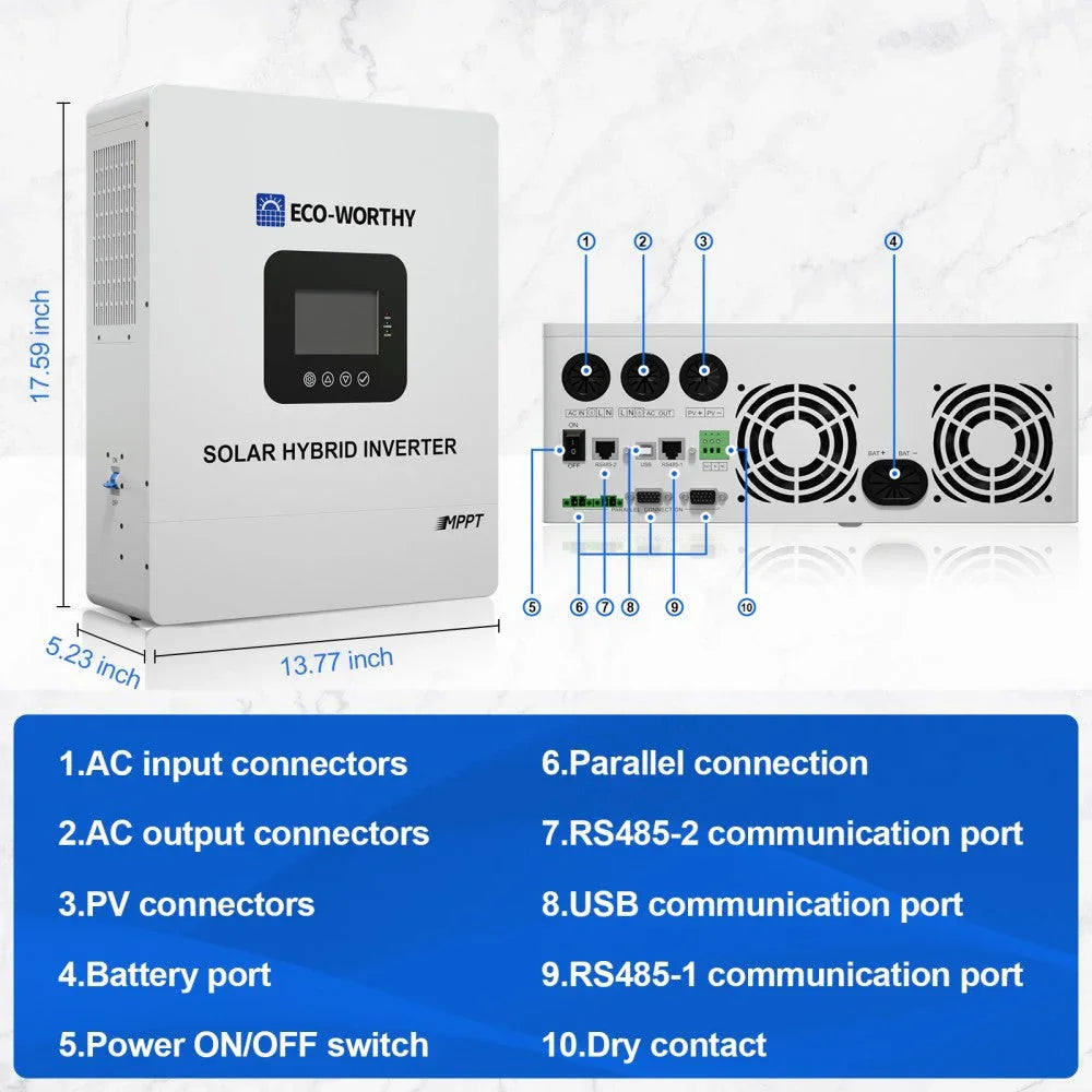 5000W Solar Off-grid Inverter Charger 48V DC to 120V AC Split Phase Power Inverter Eco-Worthy