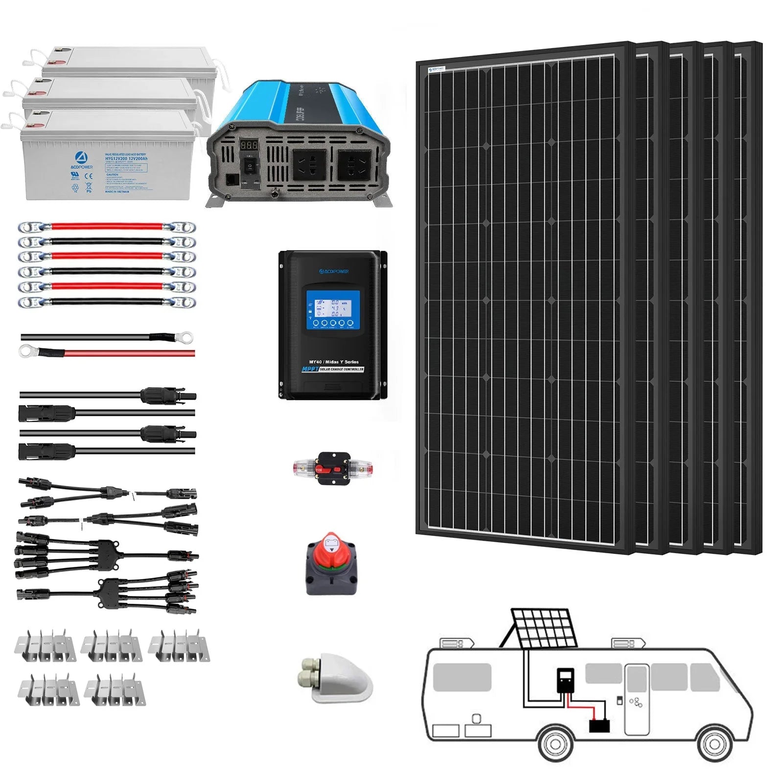 ACOPOWER Deep Cycle GEL Battery Mono Solar Power Complete System with Battery and Inverter for RV Boat 12V Off Grid Kit - Green Vista Living