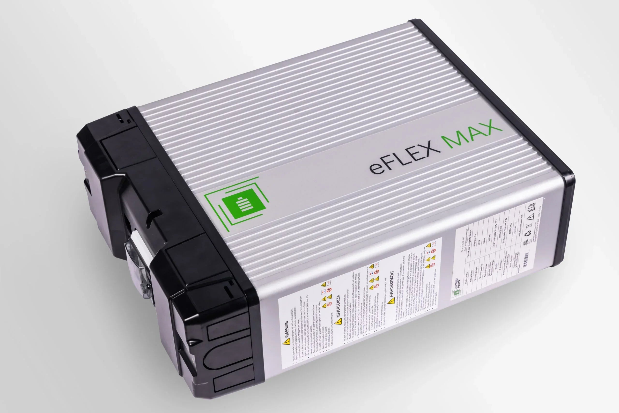 eFLEX MAX lithium battery pack with metallic casing, product labels, and black connectors