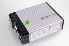 eFLEX MAX lithium battery pack with metallic casing, product labels, and black connectors